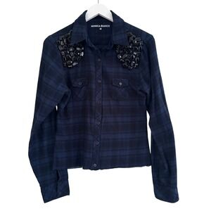Monica Bianco Plaid Shirt Embellished Collar Top Flannel Size M Cropped*
